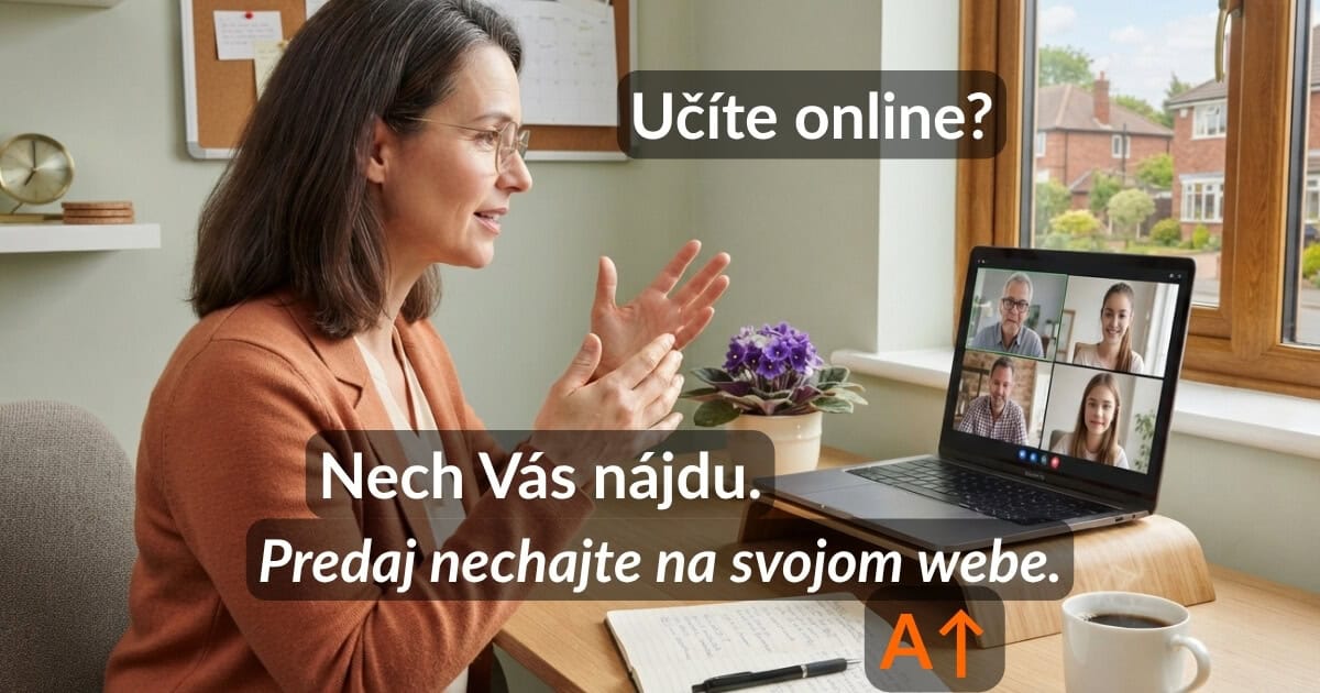 Lektorka vedie online kurz pri notebooku vo svetlej pracovni, na obrazovke účastníci videohovoru